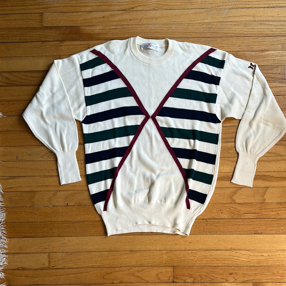 Vintage Clark & Gregory Men's Cream Striped Sweater Size M